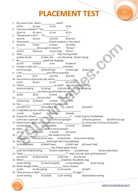 placement test example for students