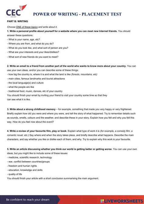 placement test writing questions and answers pdf