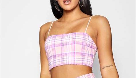 Plaid Skirt And Top Set Print Shirred Strapless Crop