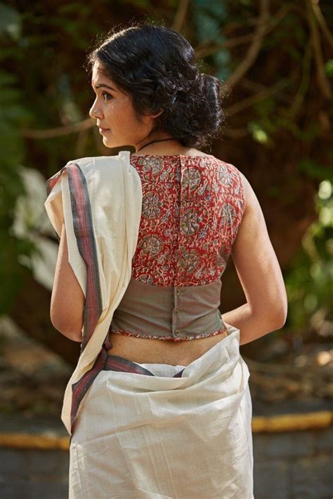 plain saree with kalamkari blouse