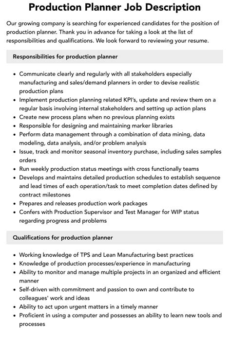 planner job description manufacturing