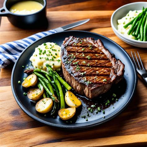 A tantalizing plate adorned with a perfectly cooked ribeye steak, accompanied by roasted vegetables and a drizzle of flavorful sauce.