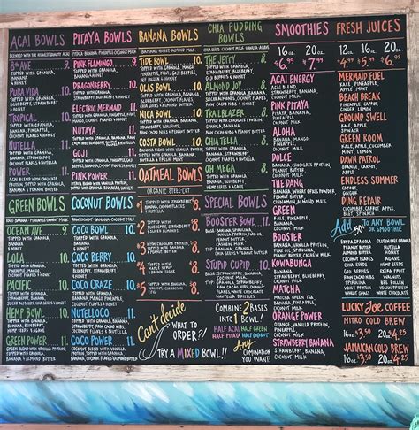 playa bowls menu and calories