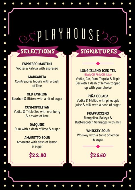 Playhouse Drinks Menu