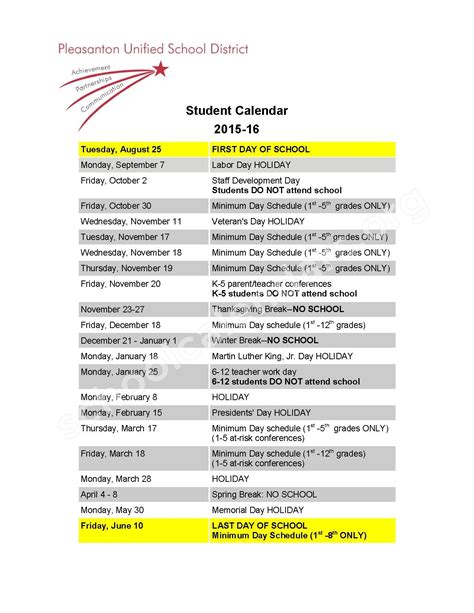 Pleasanton Unified School District Calendar