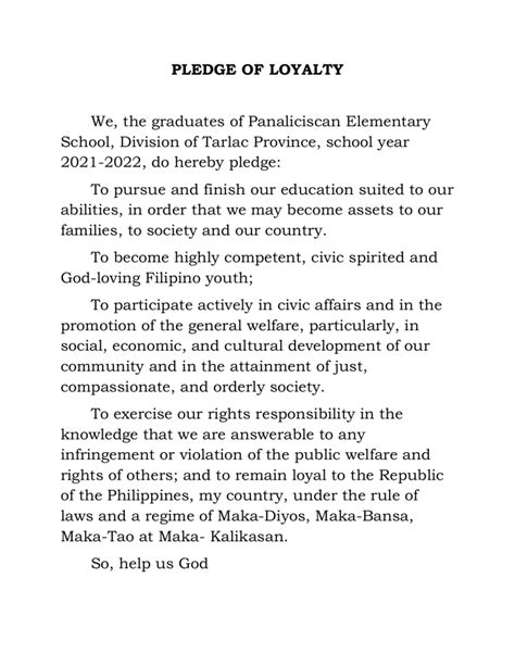 pledge of loyalty tagalog graduation sample