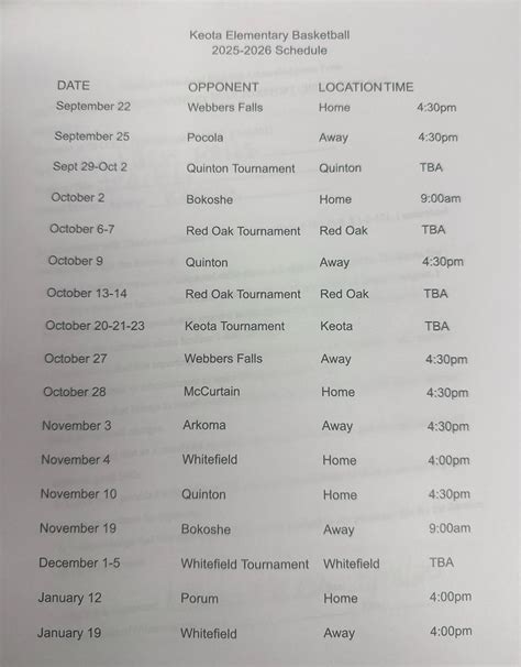 Pocola Basketball Schedule