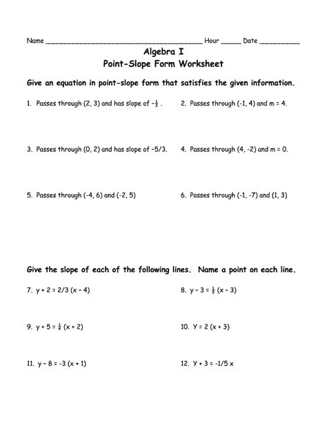 point-slope form practice worksheet algebra 1