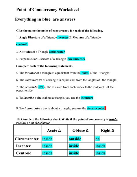points of concurrency worksheet answers