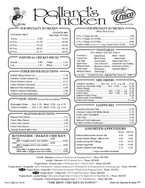 pollards chicken menu restaurant