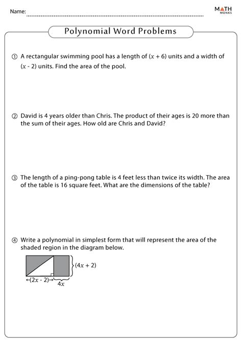polynomial word problems worksheet with answers