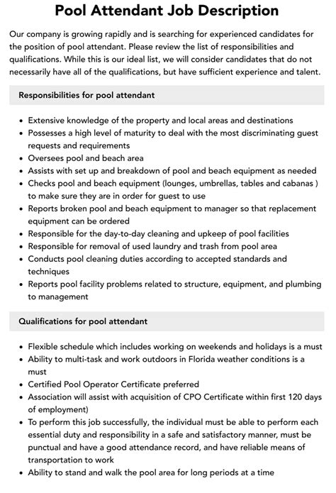 Pool Attendant Description