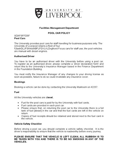 Pool Car Policy Template
