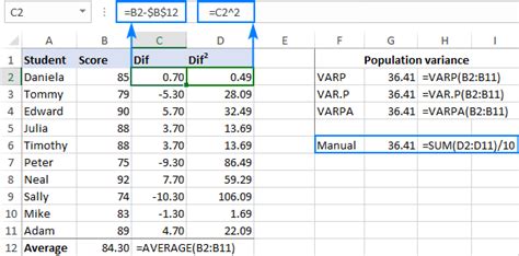 population variance function in excel