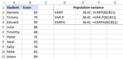 population variance in excel