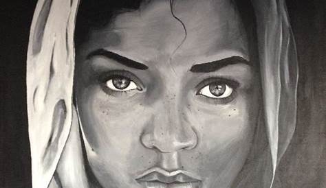 Toile, Peinture, noir et blanc, portrait réaliste de femme