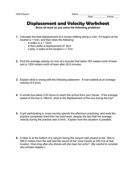 position displacement and velocity worksheet