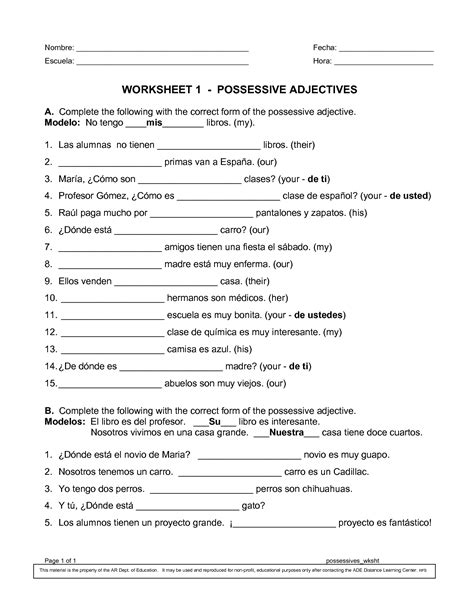 possessive adjectives spanish practice worksheet