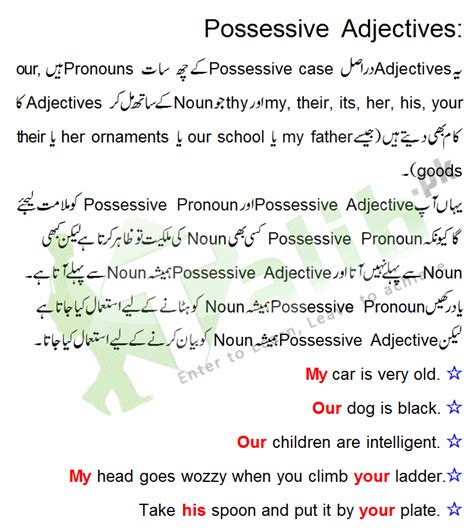 possessive pronoun meaning in urdu and examples