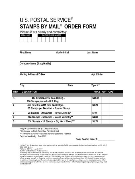 Postage Stamp Order Form