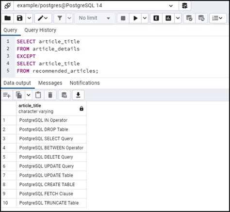 postgres except example