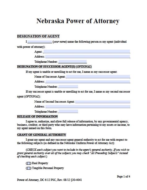 Download Nebraska General Durable Power of Attorney Form for Free