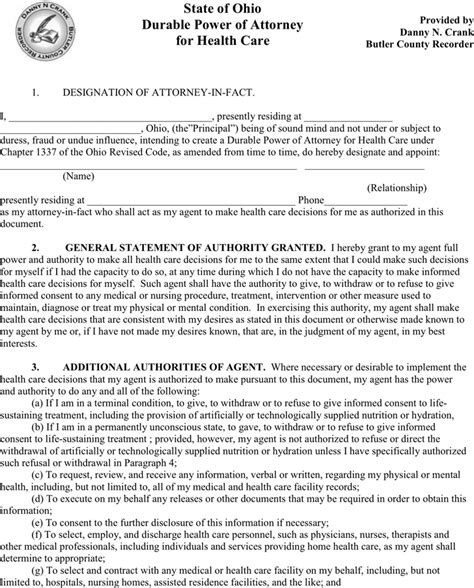 power of attorney form ohio health care