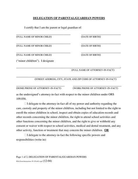 power of attorney form regarding guardianship