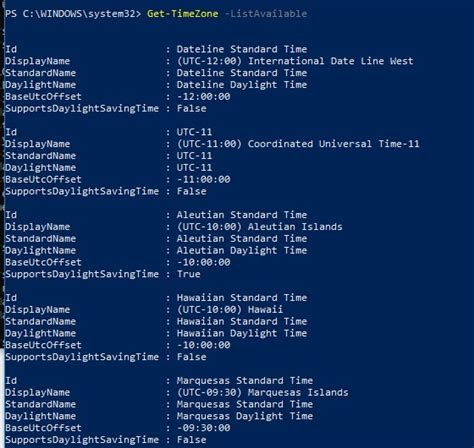 powershell set timezone list