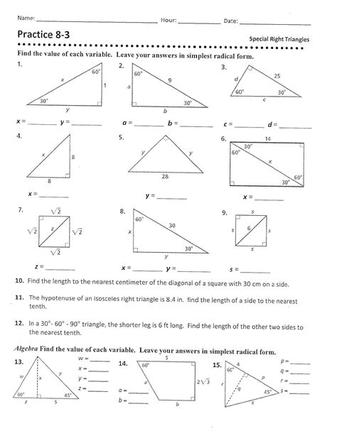 practice 7 3 special right triangles worksheet answers