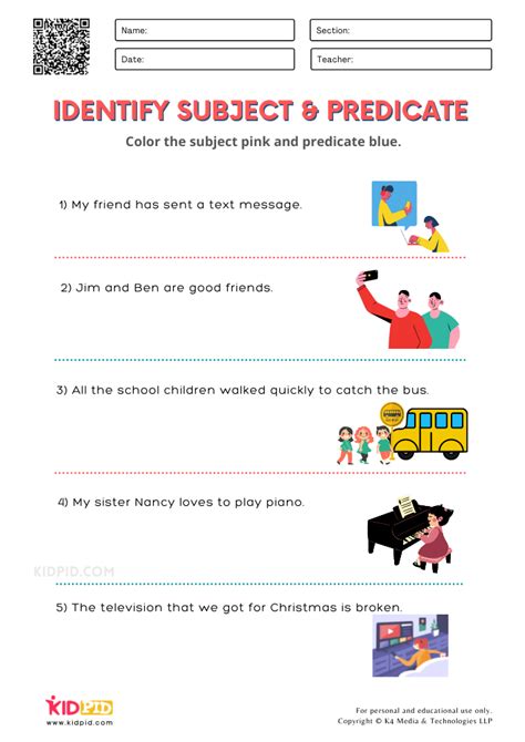 practice of subject and predicate printable template