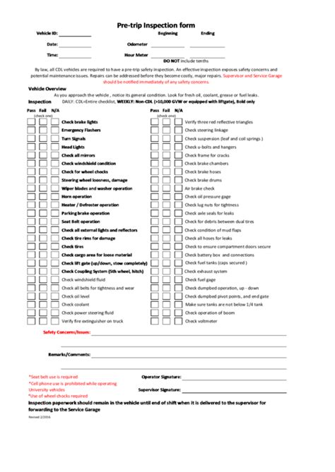 Cdl Pre Trip Inspection Checklist Form Universal Network