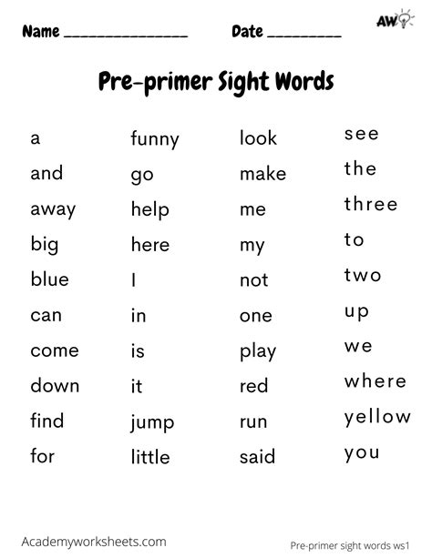 PrePrimer Sight Words Dolche Academy Worksheets