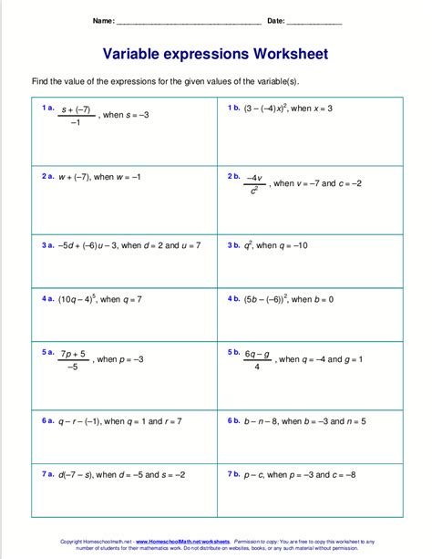 pre-algebra worksheet evaluating variable expressions