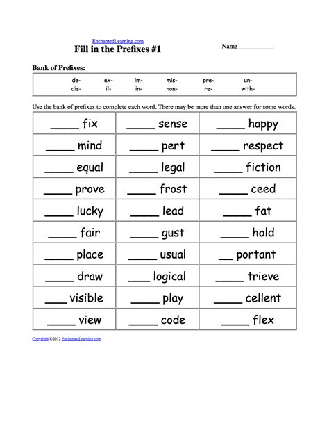 Prefix Worksheet Exercises
