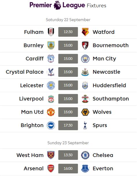 premier league fixtures by gameweek