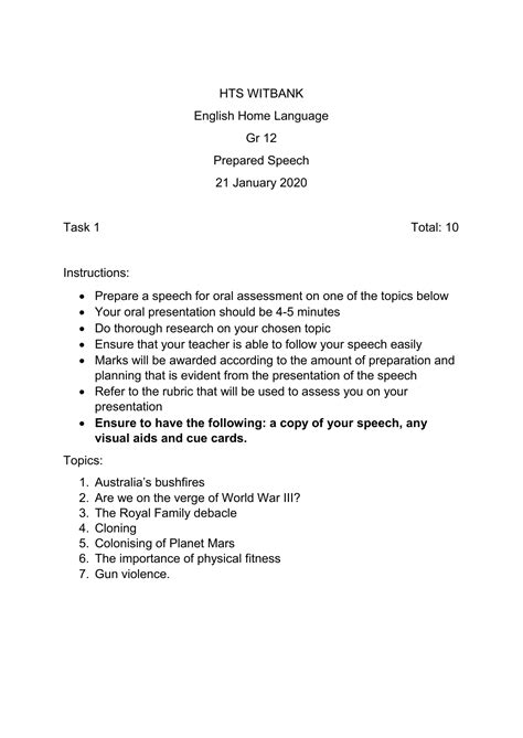 prepared speech topics for grade 12 term 2 english