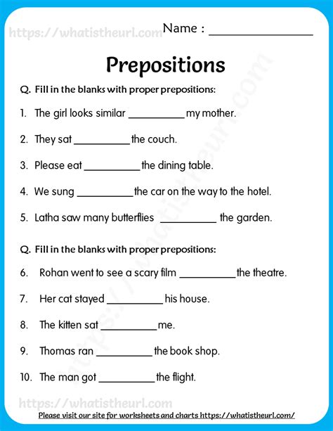 preposition for class 5th with answers pdf