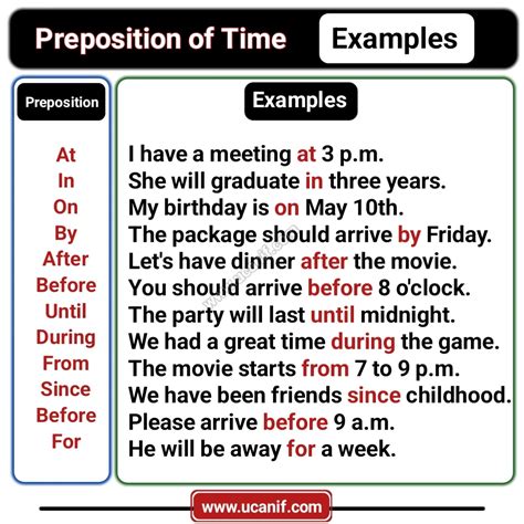 preposition of time examples with answers for class 5