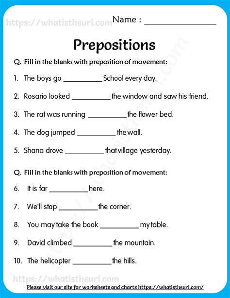 preposition worksheet for class 5 with answers icse