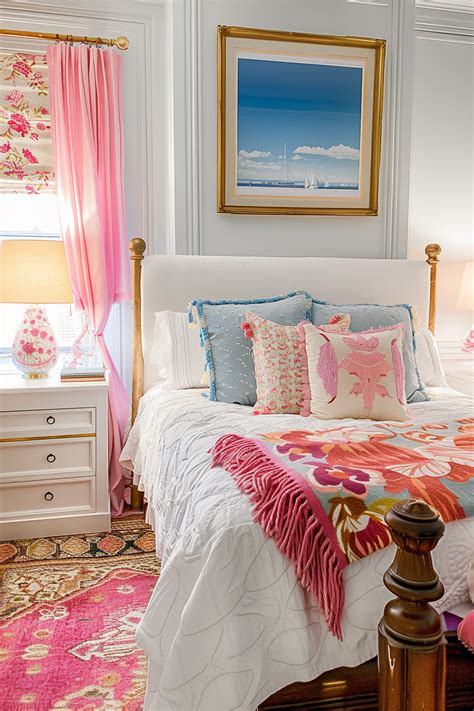 Preppy bedroom layering textures