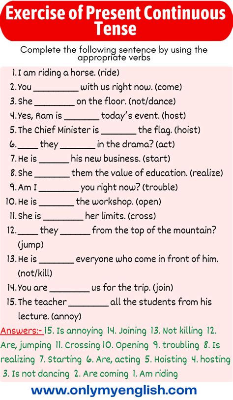 present continuous tense exercise for class 4 with answers