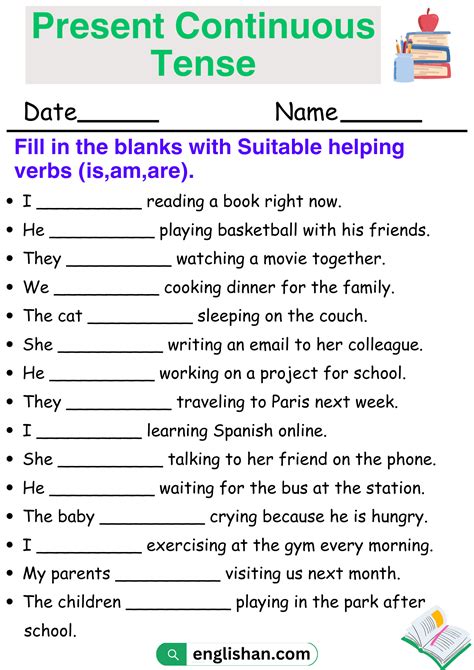 present continuous tense exercise for class 5 with answers