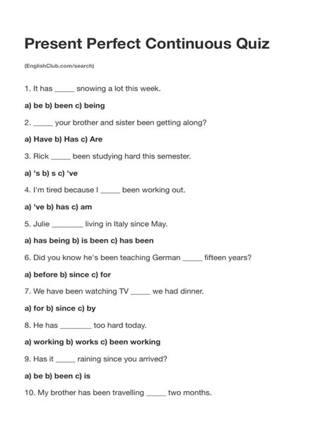 Present Perfect Continuous Quiz