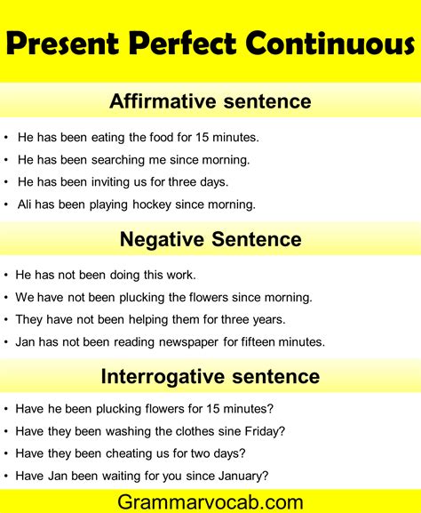 present perfect continuous tense examples positive negative interrogative