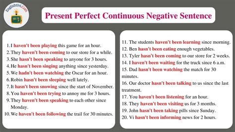 present perfect continuous tense negative interrogative sentences examples