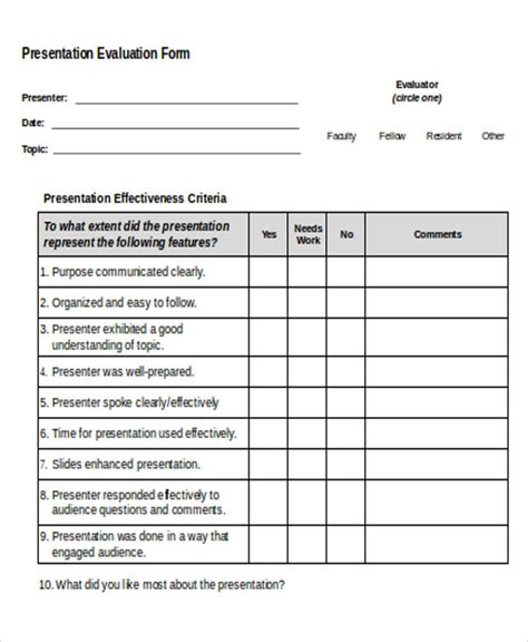 Presentation evaluation form