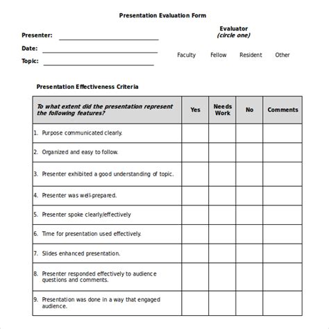 Presentation Feedback forms Beautiful Presentation Evaluation form