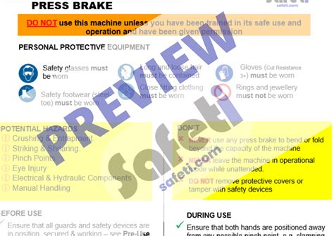 Press Brake Safe Work Procedure