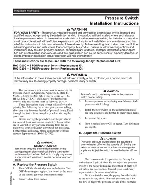 Pressure Switch Installation Instructions
